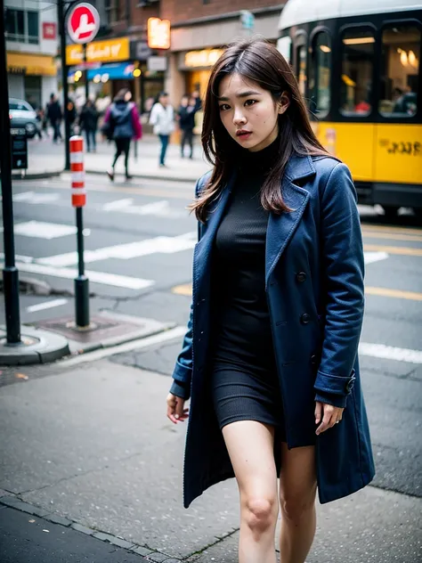 (realistic、highest resolution:1.3)、Delicate facial expression, A woman in a blue coat is walking down the street, 1 Korean beauty, different actions, clothes:random color,