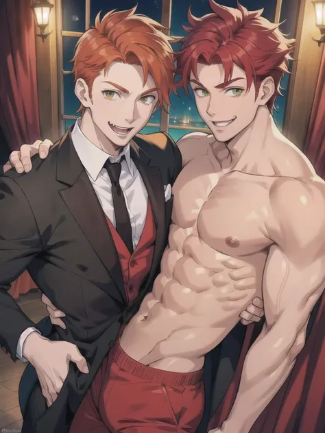 Muscular man, red hair, green eyes, light pink skin, vampire ears, with suit, 2 somewhat thin man, orange eyes, brown hair, with happy smile.