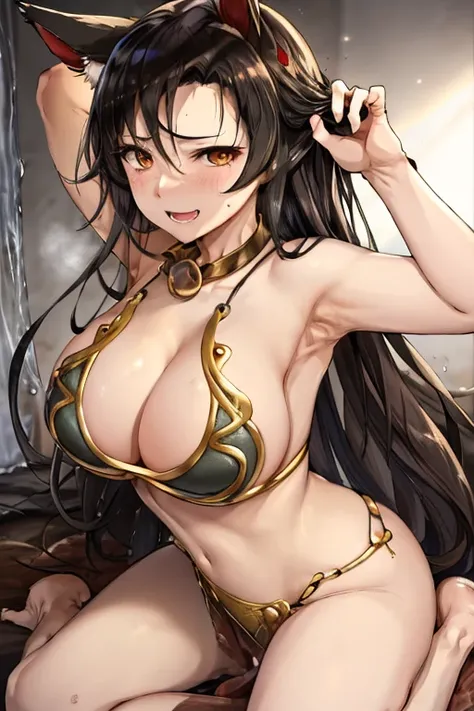 masterpiece, best quality, beautiful art, high resolution, well formed hands, body and fingers, 1 woman, solo, Imaizumi Kagerou, wolf ears and wolf tail, wearing a slave Leia outfit, adult, big breasted, cleavage, full body, sexy and skimpy outfit , gorgeo...