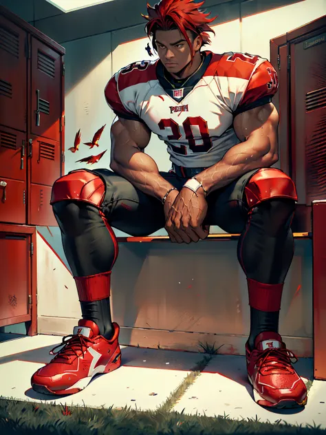 in an american football locker room, (sitting on a bench), legs spread open, muscular cfdawson, american football player wearing...