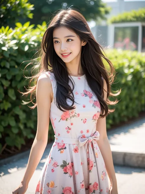 Beauty Long hair Pink bow Floral dress Looking into the distance The wind blows over smile