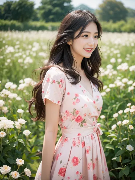 Beauty Long hair Pink bow Floral dress Looking into the distance The wind blows over smile