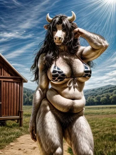 anthro, cow, female, muscular, fat, hairy body, hary armpits, hairy legs, hairy chest, hairy belly, visible pubes, bikini, hard nipples, breasts, wide hips, long hair, pretty, white fur, black hair