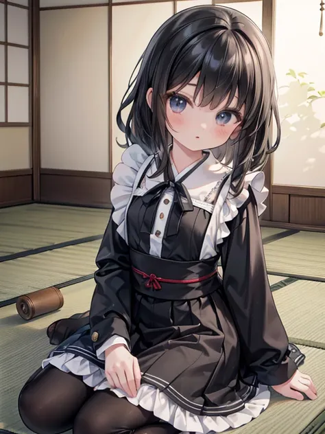 masterpiece, highest quality, Very detailed, 16k, Ultra-high resolution, Cowboy Shot, Detailed face, Perfect Fingers, 14-year-old girl, black eye, Black Hair, Wavy Hair, Black maid outfit, Japanese house, Tatami room, Japanese cushion, Sit upright