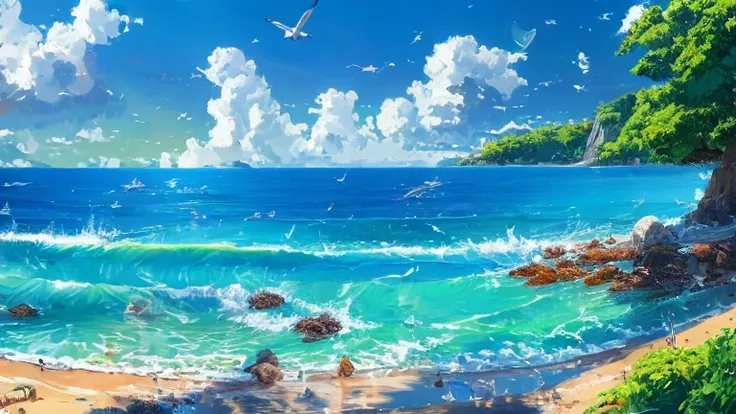 (masterpiece, best quality:1.2), blue sky，blue sea，beach with green trees，there is a wooden table，fruit drinks on the table，hd w...