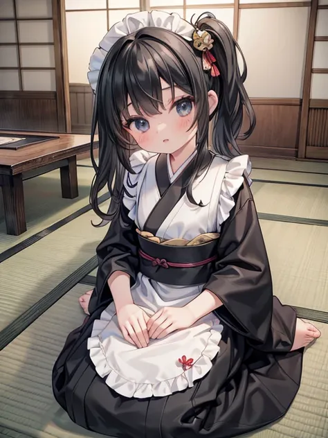 masterpiece, highest quality, Very detailed, 16k, Ultra-high resolution, Cowboy Shot, Detailed face, Perfect Fingers, 14-year-old girl, black eye, Black Hair, Wavy Hair, Black maid outfit, Japanese house, Tatami room, Japanese cushion, Sit upright, interio...