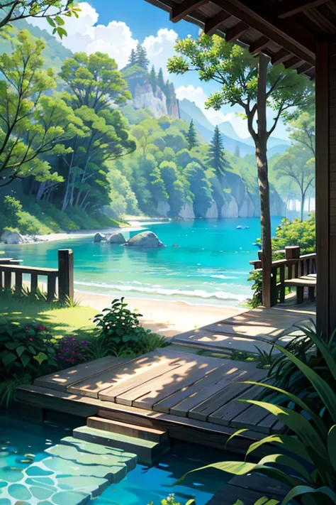 ({{High resolution,}},masterpiece,Super detailed,highest quality,8k)crystal clear beach、Lush greenery、Wooden walkway leading to a sandy beach with turquoise waters、Clear blue sky with fluffy clouds、Ghibli style