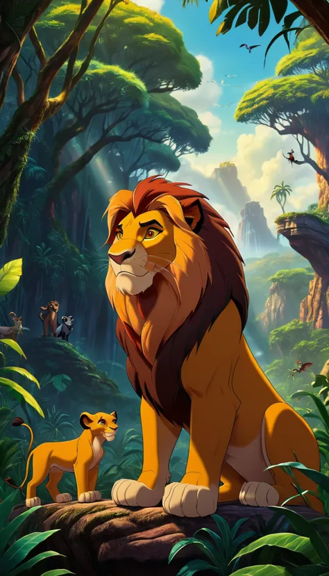 disney's the lion king,90s cartoon style,poster,vibrant colors,dramatic lighting,lush jungle environment,majestic lion character...