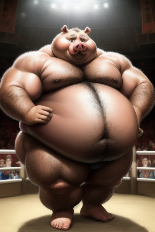 ((Masterpiece)),((Hight quality)),((Hught Detailed)),((Realistic,)) Anime Artistic masterpiece art, Obese muscle kid pig (massive obese, strong legs and arms, hairy, incredibly big looking) Long shot photo, Real life, kid pig (Massive, broad shoulders, str...