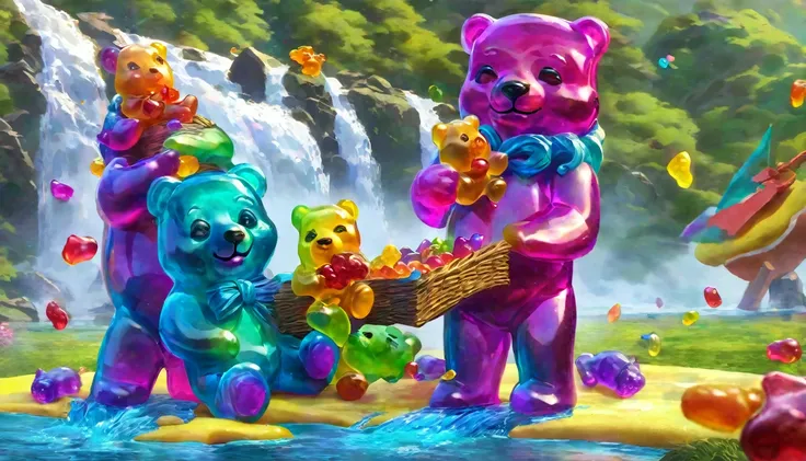 a group of gummy bears having a picnic by a beautiful waterfall, colorful gummy bear characters, cute and whimsical, high detail, vibrant colors, soft lighting, photorealistic, 8k, hyperdetailed