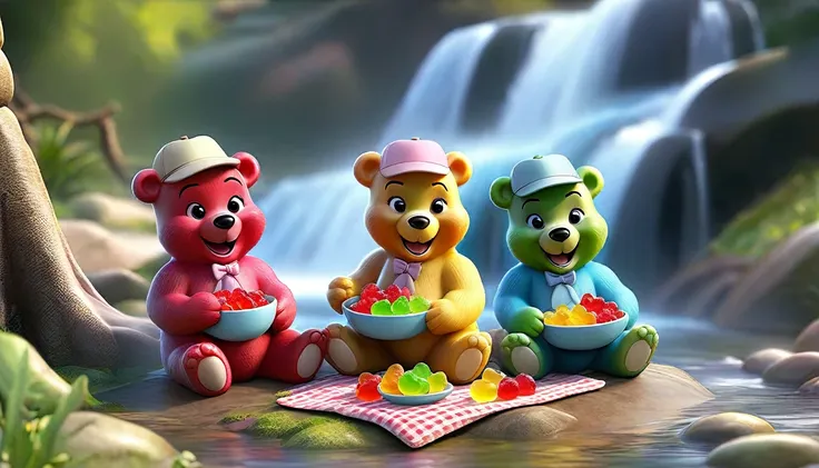 Disneys The Gummy Bears, having a picnic by a waterfall
