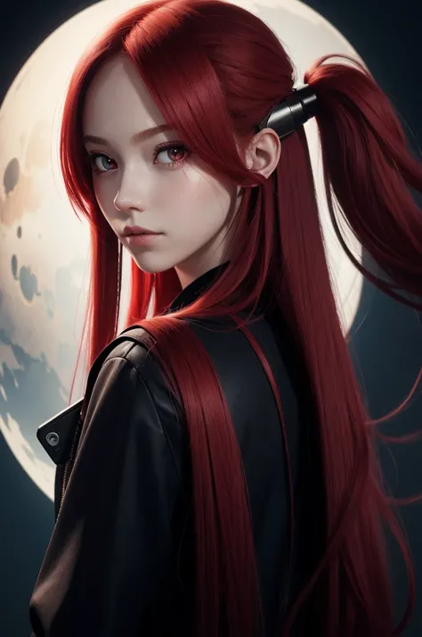 Girl with long red hair, Red Eyes, futuristic vibe, Wear a mask on your mouth, earphone, 8K, high quality, Simple background, Glowing eyes, Beautiful posture