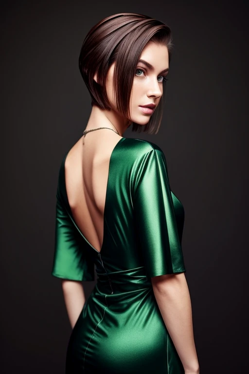 Gorgeous european woman with very short straight hair, short hair, wet hair, hair slicked back, combed straight back, slick hair, auburn hair, wearing a green dress, solid dark black background