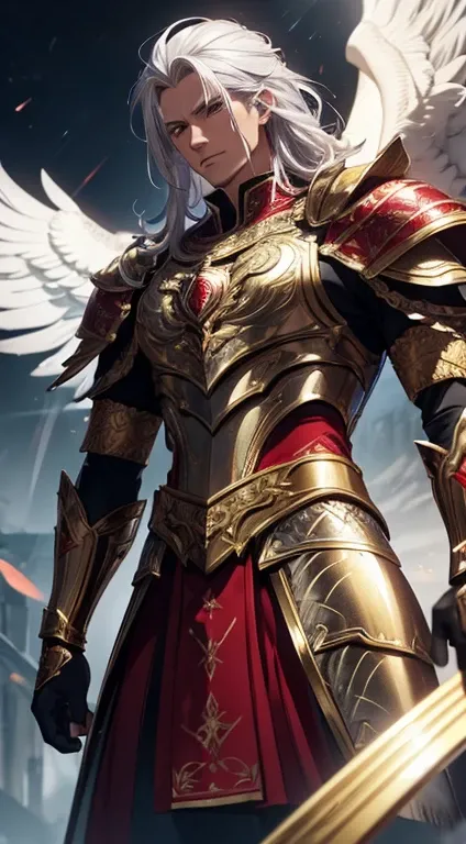 A man, silver hair, gold Eagle knight, fine armor, intricate design, red details, silk, cinematic lighting, 4k, floating hair, sharp, prism, shining knight