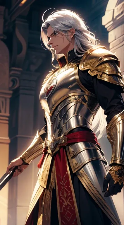 A man, silver hair, gold Eagle knight, fine armor, intricate design, red details, silk, cinematic lighting, 4k, floating hair, sharp, prism, shining knight