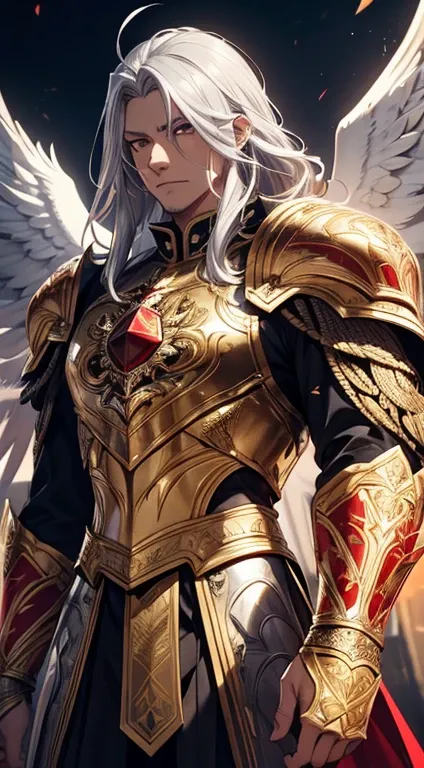 A man, silver hair, gold Eagle knight, fine armor, intricate design, red details, silk, cinematic lighting, 4k, floating hair, sharp, prism, shining knight