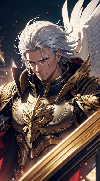 A man, silver hair, gold Eagle knight, fine armor, intricate design, red details, silk, cinematic lighting, 4k, floating hair, sharp, prism, shining knight