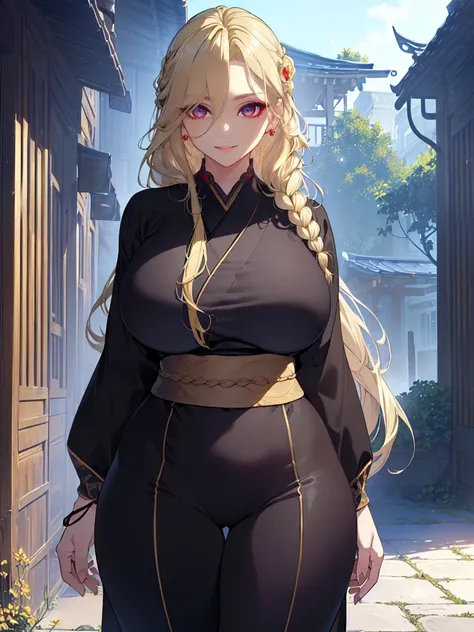 (Uhd, Masterpiece, Textured Skin, Super Detail, High Details, High Quality, Best Quality), Detailed Face, 1woman, mature pretty woman, ((wide hips, thick thighs, huge breasts)), ((Long blonde hair tied:1.5, Hair over the eye:1.5)), ((Black kimono), (Pants)...