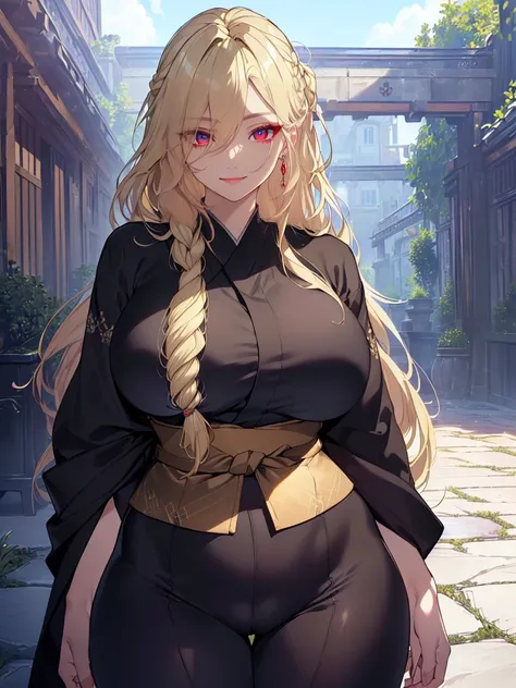 (Uhd, Masterpiece, Textured Skin, Super Detail, High Details, High Quality, Best Quality), Detailed Face, 1woman, mature pretty woman, ((wide hips, thick thighs, huge breasts)), ((Long blonde hair tied:1.5, Hair over the eye:1.5)), ((Black kimono), (Pants)...