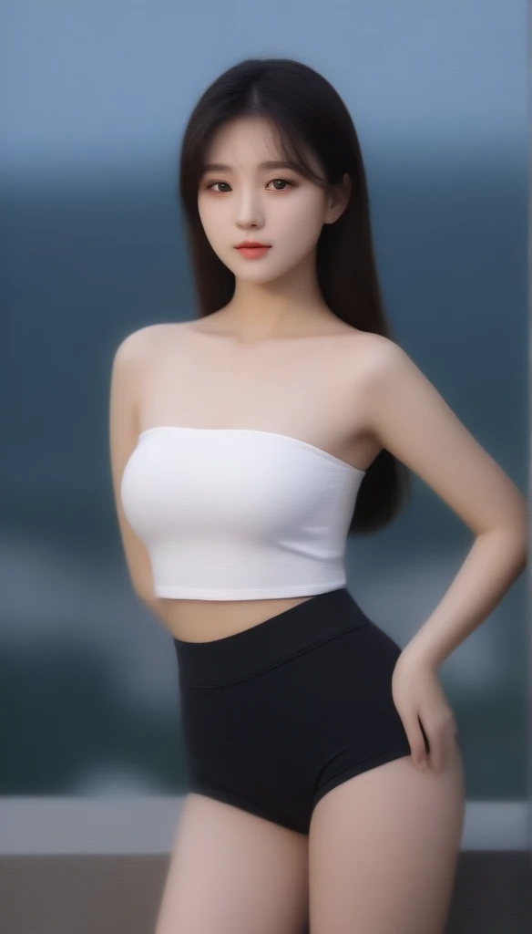 close-up of beautiful korean female, black shoulder-length hair, straight hair, flat bangs hair, 36 inches breasts size, tight white bandeau tube top, tight Black short pants, on a hill, bokeh background, sexy pose hot, UHD 