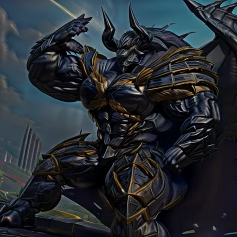 demon lord dragon batzz,  (masterpiece, best quality, detailed:1.2) full body, detailed full body, mechanical armor, glowing wide and heavy armor, wears full body armor. massive muscles, huge pecs, chiseled abs, huge pectorals, exaggeratedly huge muscles. ...