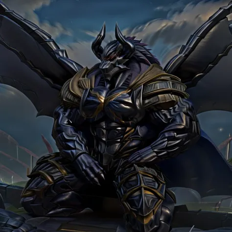 demon lord dragon batzz,  (masterpiece, best quality, detailed:1.2) full body, detailed full body, mechanical armor, glowing wide and heavy armor, wears full body armor. massive muscles, huge pecs, chiseled abs, huge pectorals, exaggeratedly huge muscles. ...