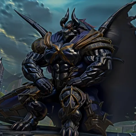 demon lord dragon batzz,  (masterpiece, best quality, detailed:1.2) nj5furry,  detailed full body, mechanical armor, glowing wide and heavy armor, wears full body armor. massive muscles, huge pecs, chiseled abs, huge pectorals, exaggeratedly huge muscles. ...