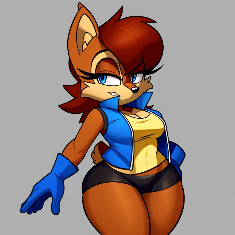 anthro Sally Sally acorn, Wearing blue vest, wearing black curved shorts, curved thighs