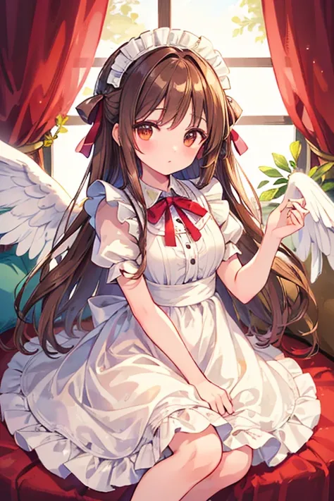 ((masterpiece)), ((highest quality)), ((super detailed)), pretty girl, brown long hair, beautiful brown eyes, maid clothes, ribb...