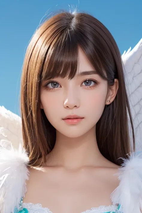 one girl, (a beauty girl, delicate girl:1.3), (14 years old:1.3),
break, (angel costume, white feather wings:1.3),
break, (blue sky:1.2),
break, very fine eyes, (symmetrical eyes:1.3),
break, small breasts, brown eyes, parted bangs, brown hair, (upper teet...