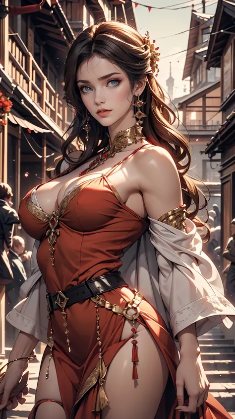 masterpiece, High resolution, highest quality, Very detailed, wallpaper, Picturesque, Brush strokes, Pointed Ears, Yellow Eyes, elongated pupils, Beautiful woman, Big Breasts, Red dress