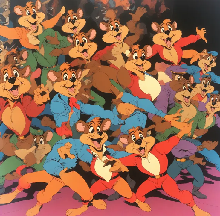 (talespin 1990's cartoon homage), comic 1990's, animated tv show screengrab, talespin cast dancing stanky boogie, cinematic post...