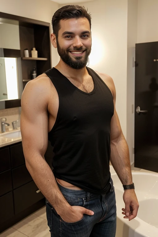 Tall, well-defined body, wide smile, short black hair, and well-groomed beard.