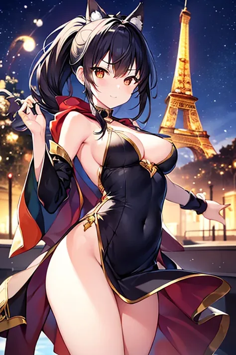 A captivating scene featuring a beautiful anime-style girl with distinctive facial features, With the Eiffel Tower in the French Wonderland in the background. The girl has her black hair in a ponytail, single eyelid, Hooded, humid, Deep Set, Striking, deep...