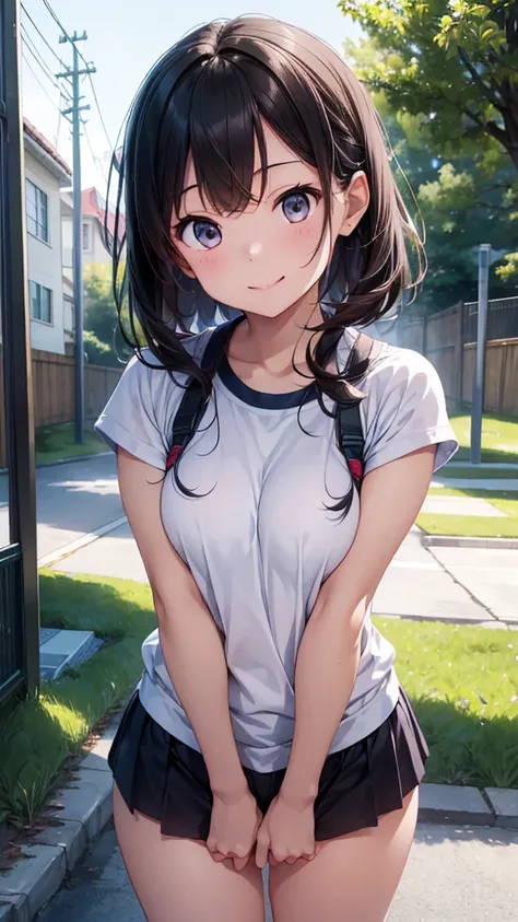 (Close-up of a woman)、Depiction of the upper body、((18-year-old female))、Bright smile、Hold your crotch with both hands、(Please open your mouth a little、High resolution、16k))、Sporty summer clothes、Early morning park、