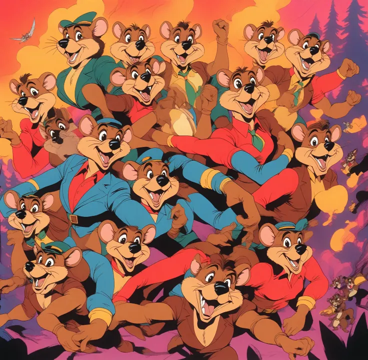 (talespin 1990's cartoon homage), comic 1990's, animated tv show screengrab, talespin cast dancing stanky boogie, cinematic post...