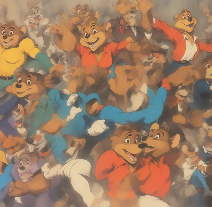 (talespin 1990's cartoon homage), comic 1990's, animated tv show screengrab, talespin cast dancing stanky boogie, cinematic post...