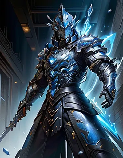 a close up of a chinese man with black hair, brown eyes, goatee, holding a sword and a blue armored suit, blue armor, guyver sty...