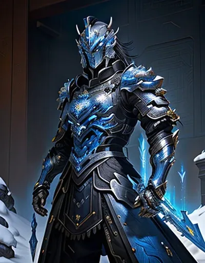 a close up of a chinese man with black hair, brown eyes, goatee, holding a sword and a blue armored suit, blue armor, guyver sty...