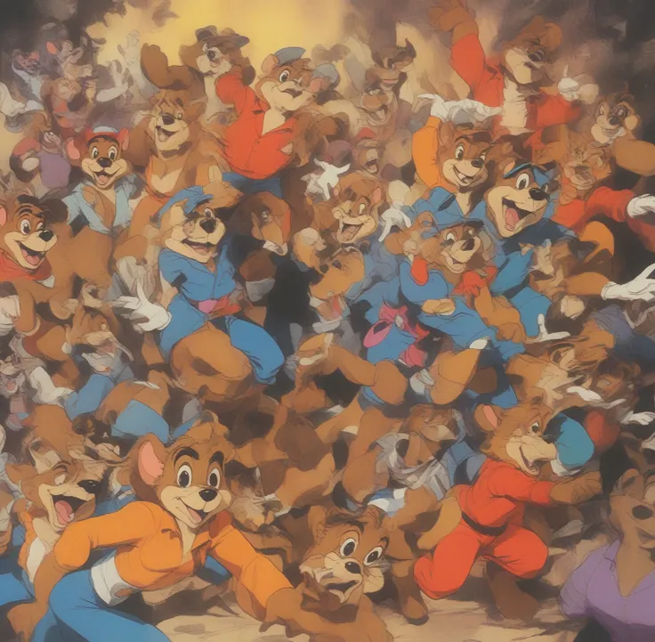 (talespin 1990's cartoon homage), comic 1990's, animated tv show screengrab, talespin cast dancing stanky boogie, cinematic post...