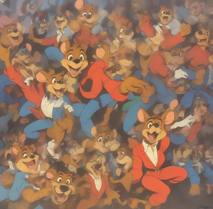 (talespin 1990's cartoon homage), comic 1990's, animated tv show screengrab, talespin cast dancing stanky boogie, cinematic post...