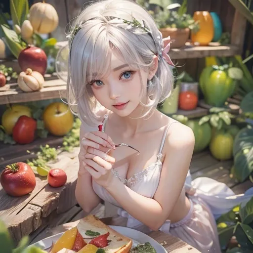 (masterpiece:1.3), (8k, Realistic, RAW Photos, Best image quality: 1.4), Fair-skinned fairy woman、short hair、Cleavage:2.0、Highly detailed face、Attention to detail、double eyelid、Sharp focus:1.2、Beautiful woman:1.4、Silvery white hair、highest quality、masterpi...