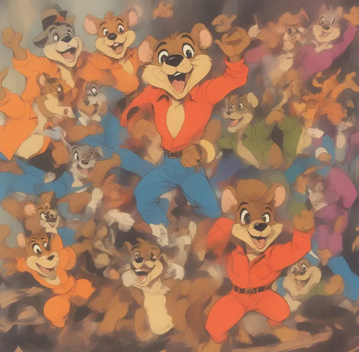 (talespin 1990's cartoon homage), comic 1990's, animated tv show screengrab, talespin cast dancing stanky boogie, cinematic post...