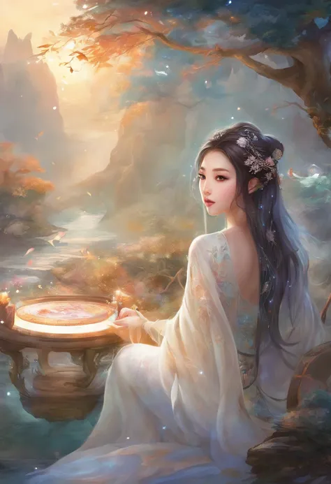 （（High quality，quality，quality，Extreme details，Masterpiece detail eye)),A 20-year-old oriental beautiful woman,White long hair shawl,moving eyes,Wearer white long sleeves,Ice and Snow Garden,in the pavilion,Sitting person plays the ice crystal guzheng