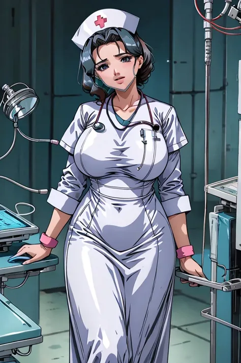 nurse uniform,hospital, latex nurse suit,nurses,busty,elbow gloves,labcoat,black hair woman,red eyes , gigantic ,medical instrum...