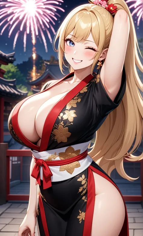 ((one personの女性)), Beautiful Face,Embarrassed and kind expression,恥ずかしくsmile,((Wink:1.8)),smile,turn bright red,Glossy pink lips,night,Shrine festival sexpensives,firework, ((Anime style background)),masterpiece, highest quality, so beautiful, Latest, Comp...