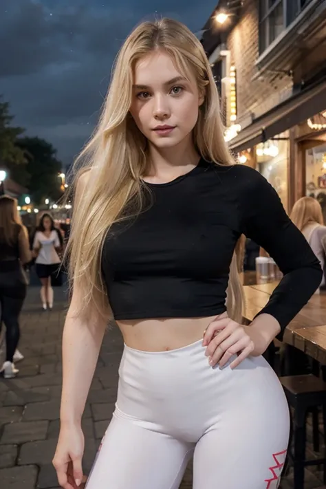  realistic,girl,age 20, full body,pale skin, sharp jawline face, long and blonde hair, lovely and cute, beautiful face, detailed face,wearing top and leggings, big figure , full body, standing, outdoor, night, restaurant, ((looking at viewer)),((face towar...