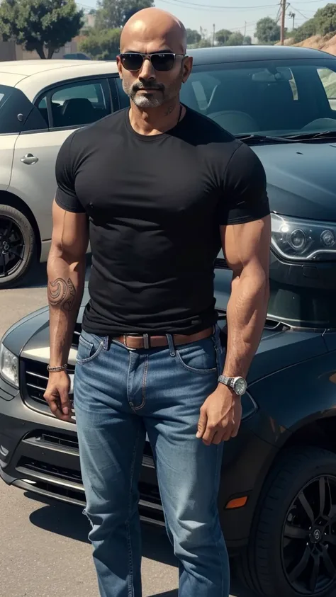 Bald Indian guy of 34years with a medium bread, well built muscular body, wearing sunglasses, black shirt and dark blue jeans standing in front of a car, has a tattoo on left hand