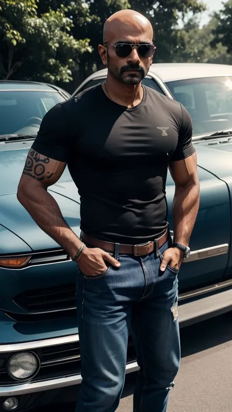 Bald Indian guy of 34years with a medium bread, well built muscular body, wearing sunglasses, black shirt and dark blue jeans standing in front of a car, has a tattoo on left hand