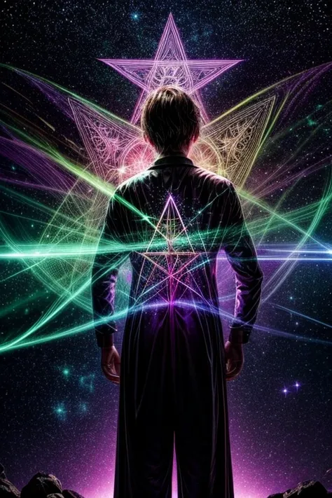 Purple flames emanating from the hands of a man standing in the forest　Inside a hexagram made of shining stars　creation of heaven and earth　A collaborative world　Connected Universe　green　pink　Gold Sparkle　peace